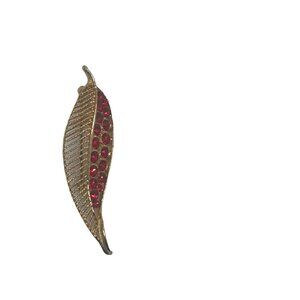 Gold-Tone Leaf Brooch With Red Rhinestones Elegant Pin Jewelry Accessory